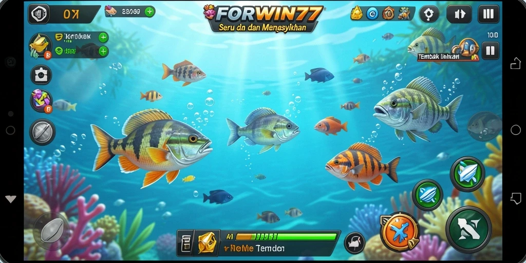 Tampilan gameplay seru dalam FORWIN77 saat menangkap ikan warna-warni.