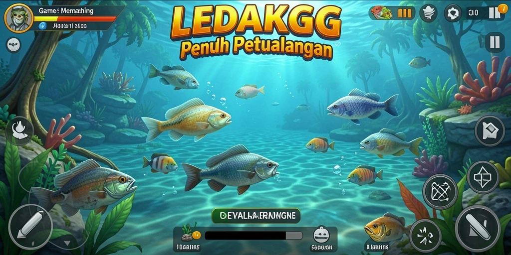 Tampilan gameplay LEDAKGG yang menarik saat memancing di laut.