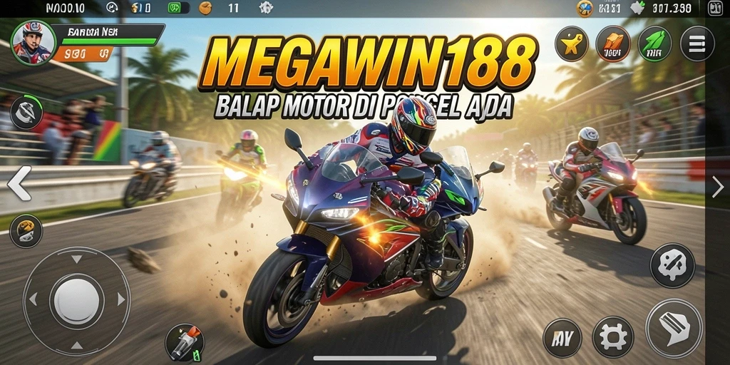 Tampilan gameplay MEGAWIN188 yang mendebarkan saat balapan motor.