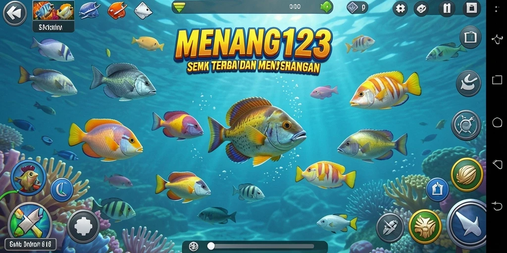 Menampilkan gameplay seru MENANG123 dengan aksi menembak ikan.