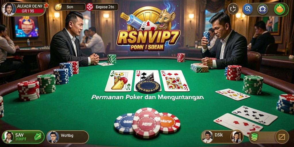 Screenshot gameplay menunjukkan suasana meja poker yang menegangkan.